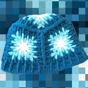 Snowflake Turquoise/Blue Granny Square Bucket Hat, Handmade By Me, OFFERS OPEN